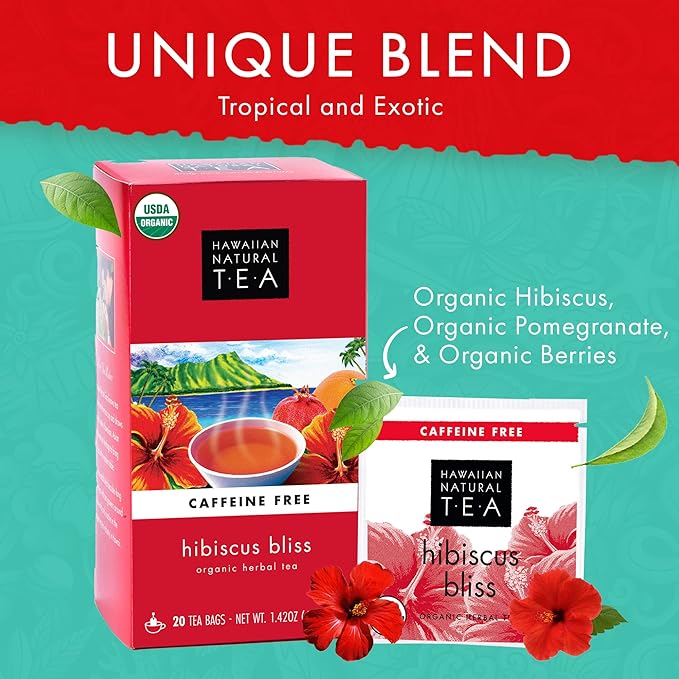 Hawaiian Natural Tea - Organic Hibiscus Bliss Herbal Tea, Caffeine-Free Hibiscus Tea, All-Natural and Antioxidant-Rich Wellness Tea, Vegan and Keto-Friendly, 60 Tea Bags - Bloomnest