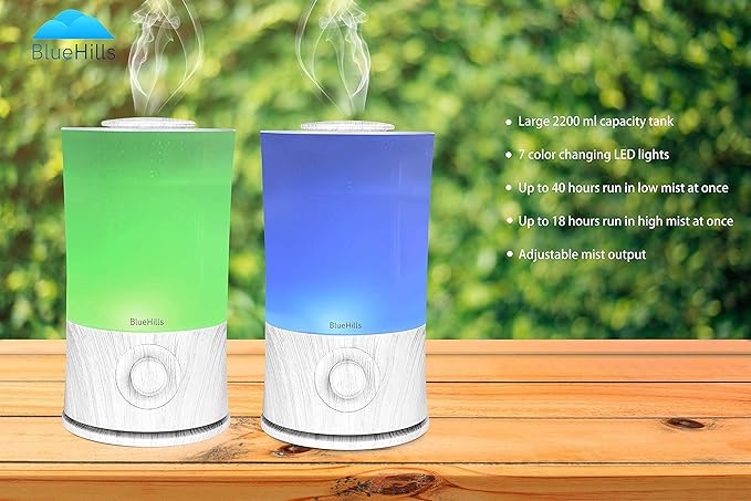 BlueHills Premium 2000 ML XL Large Essential Oil Diffuser Aromatherapy Humidifier for Large Room Home 40 Hour Run Huge Coverage Area Lights 2 Liter Extra Large Capacity Diffuser White Wood Grain E004 - Bloomnest