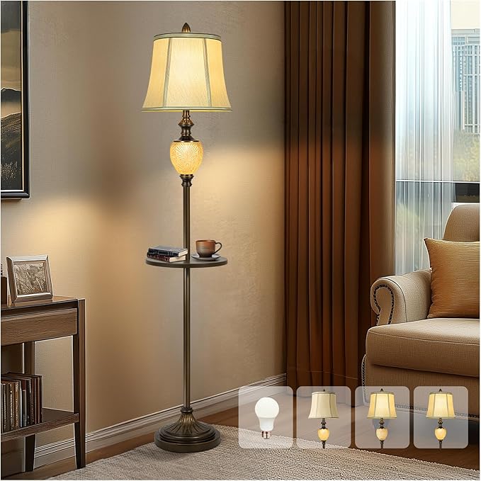 64" Vintage Floor Lamp for Living Room with Tray and Nightlight Farmhouse Tall Standing Lamp with Beige Faux Silk Shade Rustic Reading Lamp Decor for Bedroom Home Office Hotel Bar (Bulb Included) - Bloomnest