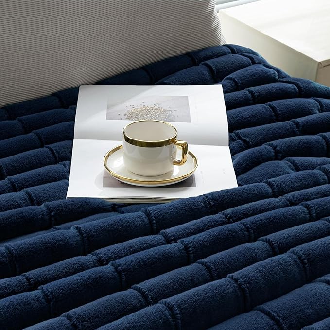 Touchat Faux Fur Blanket Twin Size, Luxury 1000GSM Ultra Thick Warm Rabbit Blanket for Couch Bed Sofa, 3D Checkered Pattern Soft Winter Heavy Minky Blankets for Women Christmas Birthday Gift, Blue - Bloomnest