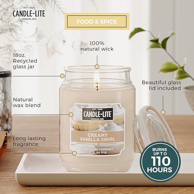 Candle-lite Fall Scented Candles, Creamy Vanilla Swirl, 18 oz Jar, Proudly Poured in The USA, Aromatherapy Candle, Single-Wick with 110 Hours of Burn Time, Perfect for Creating a Relaxing Ambiance - Bloomnest