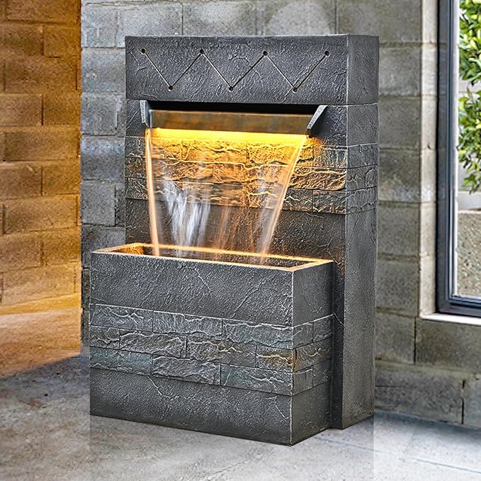 34.65'' Outdoor Garden Cascading Stone Floor-Standing Waterfall Fountain with LED Lights for Patio, Backyard, Deck, Porch and Home Art Decor
