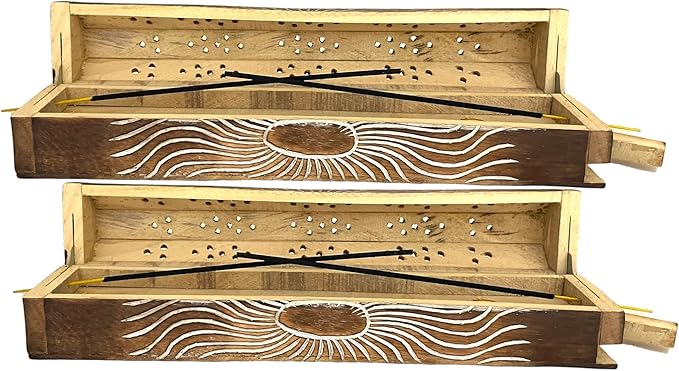 2 Pack Wooden Coffin Incense Sticks Burner - 12 Inches Carved - Storage Compartment, Carved Sun - Bloomnest