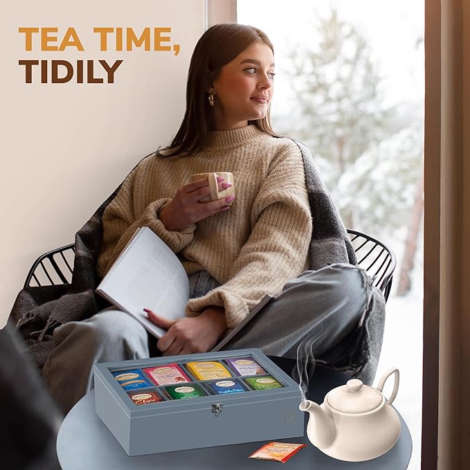 Tea Bag Organizer - Grey Bamboo Tea Box Organizer Storage Box, Tea Bag Holder with Acrylic Window, Magnetic Lid Keeps Tea Bags Fresh - Tea Organizer Caddy (Tea Not Included) Christmas Gift - Gray - Bloomnest