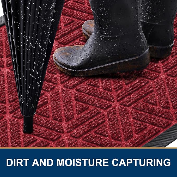 Smiry Front Door Mat Outside Entrance, Heavy Duty Sturdy Natural Rubber Doormat, Trap Dirt and Moisture, Easy Clean Low Profile Mats for Indoor Outdoor Entry, Grid Geometric (47x32, Wine Red) - Bloomnest