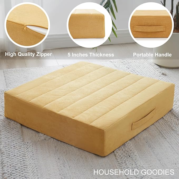 22 inches Floor Pillow for Adults - Large Meditation Cushion with Thick Foam & Soft Tufted Cover - Premium Outdoor Square Floor Cushion Seat - Yoga Pillows for Sitting On Floor - Yellow - Bloomnest