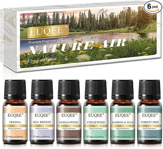 EUQEE Nature Air Premium Grade Scented Oils Gift Set - Sea Breeze, Forest Pine, Bamboo & Teak, Cedarwood, Sandalwood, Freesia (10ml) EUQEE