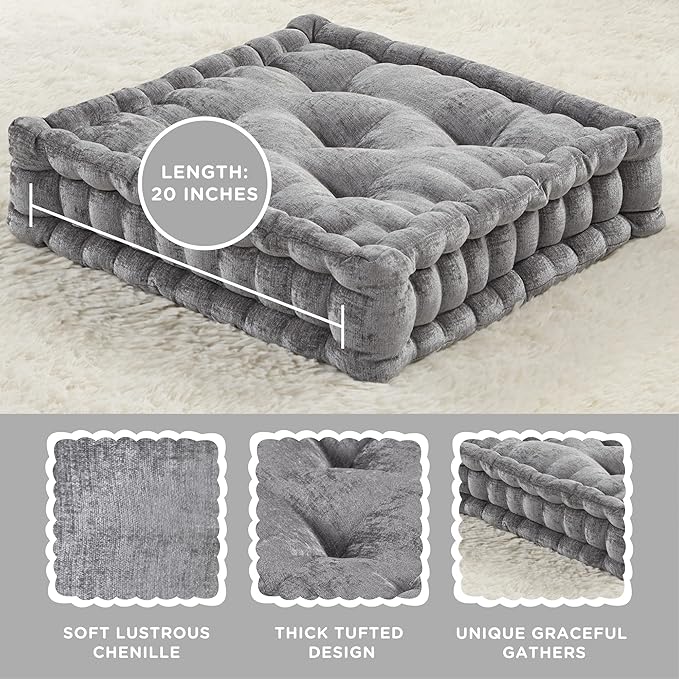 Codi INNA Floor Cushions for Adults Set of 2, Cute Pillows Seating for Meditation, Square Tufted Cushion, Living Room, Fireplace, Reading Nook, 20x20, Charcoal 2 Pack