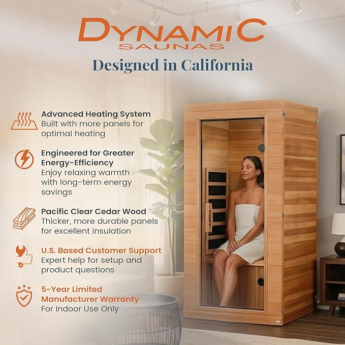 DYNAMIC SAUNAS Elite 1 Person Compact Ultra Low EMF FAR Infrared Sauna with Red Light Therapy & Bluetooth Speakers - Personal Indoor for Home & Gym DynamicSaunas