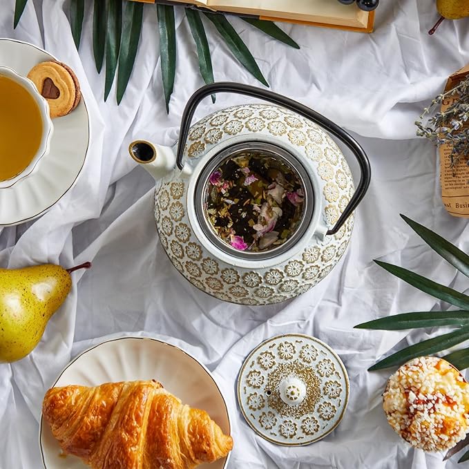 Juvale Floral Cast Iron Teapot - 34 oz, White - With Stainless Steel Infuser & Warmer - Japanese Kettle for Loose Leaf Tea - Stovetop Infuser Kettle