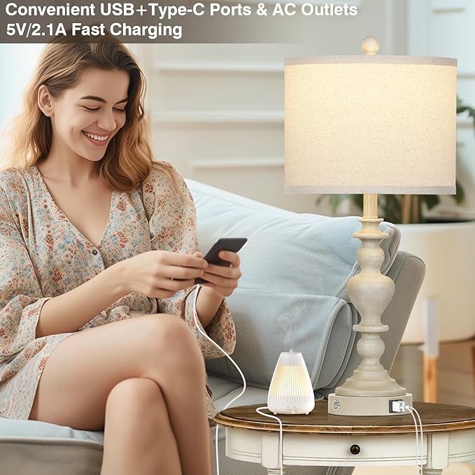 27" Farmhouse Lamps Set of 2 with USB C+A Charging Ports, Vintage Rustic Touch Control Table Lamp for Living Room, 3-Way Dimmable Traditional Nightstand Bedside Lamp for Bedroom Resin Washed Beige - Bloomnest