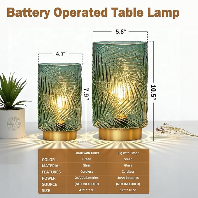 Battery Operated Table Lamp, Cordless Lamps for Home Décor, Nightlight with LED Bulb with Timer for Living Room Bedroom Tabletop Entryway Centerpiece Gift(S Green) - Bloomnest