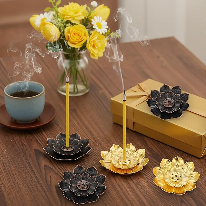 LemonRoad Diwali Gifts Bulk, Indian Return Gifts for Pooja, 100pcs Lotus Incense Holder with Incense Stick Tray, Indian Wedding Festival Yoga Spa Home Fragrance Decor (Gold and Black) - Bloomnest