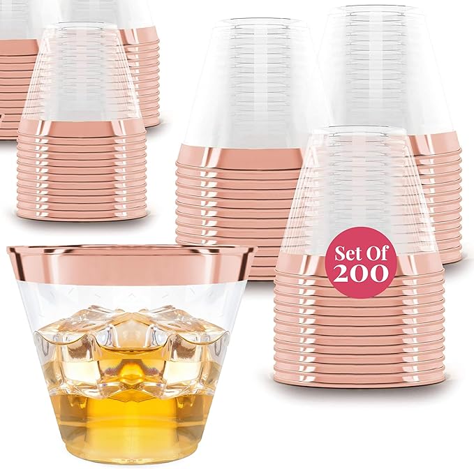 Prestee 200 Rose Gold Plastic Cups, 9oz – Elegant Hard Disposable Tumblers for Wine, Cocktails & Beverages – Clear Plastic Cups with Rose Gold Rim – Bulk Party Drinkware for Weddings, Holidays & Event - Bloomnest