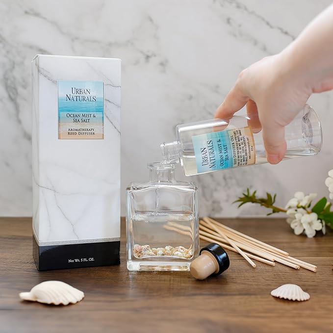 Urban Naturals Eucalyptus Sage Reed Diffuser Oil Gift Set – Eucalyptus, Sage, Mint, Lime & Cedarwood Essential Oils– Relaxing Scent – Sleek Rectangular Refillable Glass Bottle – Made in the USA UrbanNaturals