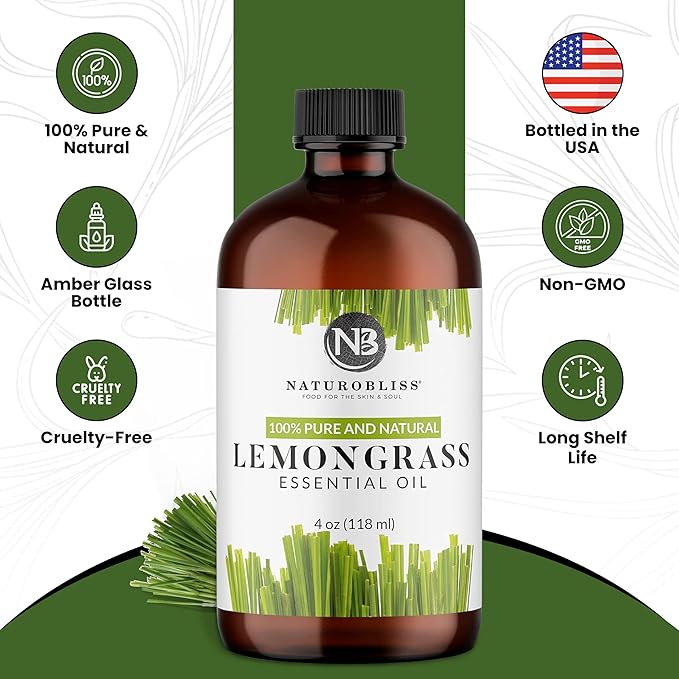 NaturoBliss 100% Pure Lemongrass Essential Oil Therapeutic Grade Premium Quality (4 fl. oz) with Glass Dropper, Perfect for Aromatherapy - Bloomnest