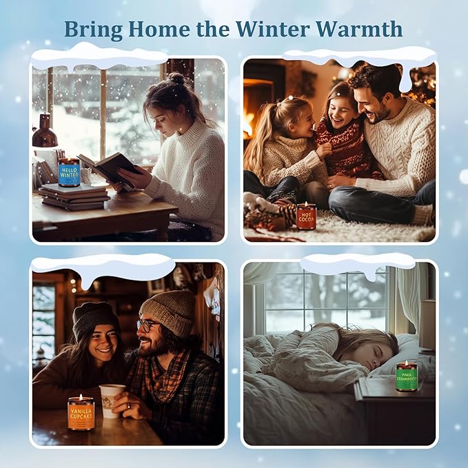 Winter Candle Gift Set, 4 Pack 7 oz Soy Scented Candles for Home, Christmas, Holiday & Birthday Gifts for Women & Men, Includes Hello Winter, Pine & Cedarwood, Hot Cocoa, and Vanilla Cupcake - Bloomnest