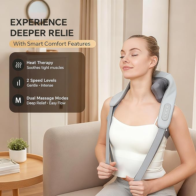 Cordless Shiatsu Neck and Shoulder Massager with Heat – 6D Kneading Massage, Deep Tissue Pain Relief for Trapezius, Rechargeable, for Mom, Wife, Her – Gifts for Birthday, Christmas