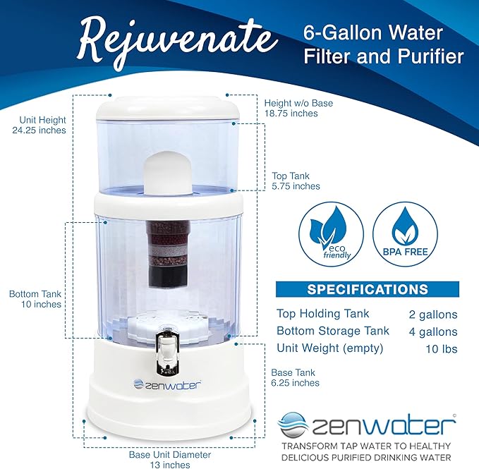 ZENWATER 6-Gallon Countertop Gravity Water Filter System - Portable Alkaline Filtration System - Enjoy Clean and Mineral-Rich Hydration at Home, Office, or Travel - Bloomnest