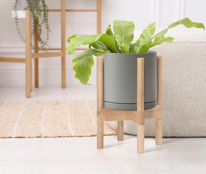 D'vine Dev Ceramic Planter with Natural Stand - 8 Inch Modern Round Flower Pot with Wood Planter Holder, Grey, 55-B-N-3 - Bloomnest