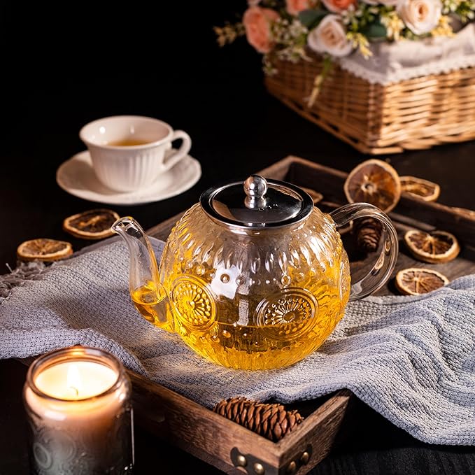 Amzcku 50OZ/1500ml Vintage Glass Teapot with Removable Infuser – Stovetop Safe, Borosilicate Glass Tea Kettle for Blooming & Loose Leaf Tea