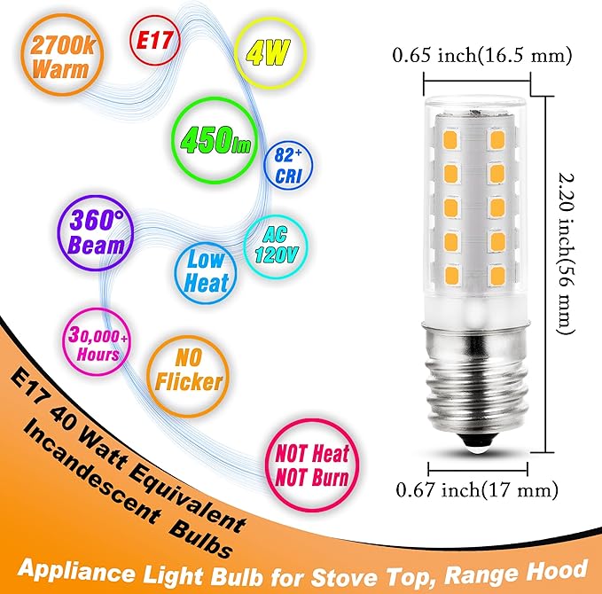 E17 LED Intermediate Base Microwave Light Bulb 4W Equivalent 40W 2700K Warm White E17 Appliance Light Bulb for Chandelier Ceiling Fan Pendant Stove Top Range Hood,Non-Dimmable,120V,450lm,5pack - Bloomnest