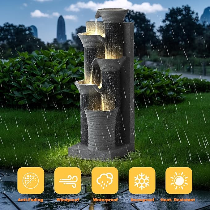 MAGIC UNION Outdoor Water Fountain, 5 Tiers Cascading Waterfall Indoor Water Feature Garden Decor with LED Lights, Patio Resin Fountains for Yard, Deck, Porch and Home, Bamboo Element (Gray) - Bloomnest