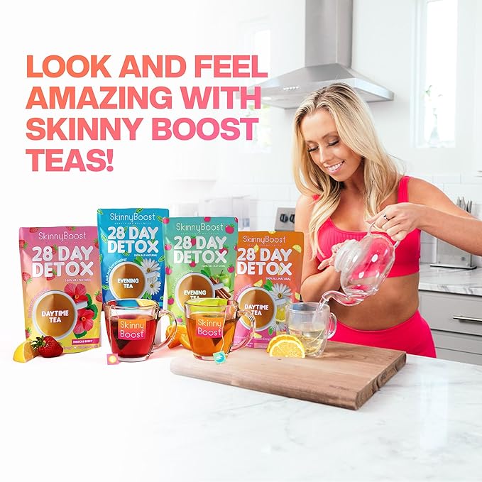 Skinny Boost Detox Tea Kit- 2 PACK –1 Daytime HIBISCUS (28 Bags) + 1 Evening APPLE CINNAMON-(14 Bags) – Herbal Detox for Energy, Bloating & Colon Cleanse – Green Tea, Vegan, Keto, Non-GMO, Sugar-Free - Bloomnest