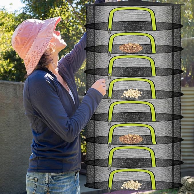 8 Layer Herb Drying Rack, Herb Drying Rack Hanging Mesh, Foldable Grass Drying Rack With U-Shaped Zipper, Garden Scissors, Hooks, For Drying Herbs Plants, Flowers, Fruits, Food(8 Layers-23.62'') - Bloomnest