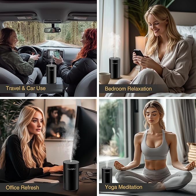 Waterless Essential Oil Diffuser Starter Kit - No Water Needed, Battery Operated Mini Scent Air Machine, Included 3x20ML Essential Oils, Portable Aromatherapy Diffuser for Home & Car, Black, 2Pack - Bloomnest