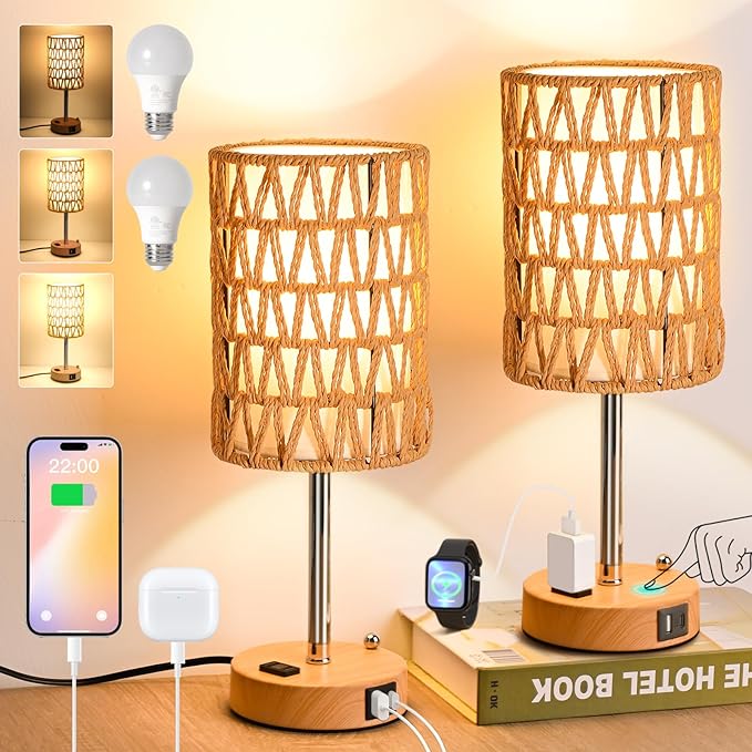 Rattan Table Lamps for Living Room, 3 Way Dimmable Touch Lamps, Small Bedside Lamps with LED Bulbs, Phone Stand, USB Ports and AC Outlet, Boho Nightstand Lamp for Bedroom Office (2 Pack Faux Wood) - Bloomnest