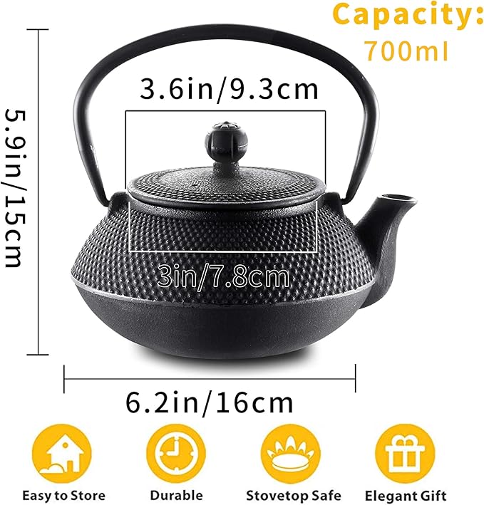 Velaze Cast Iron Teapot Set,Japanese Teapot Heat Preservation with Trivet,Stainless Steel Infuser and 2 Cups,Durable Cast Iron with a Fully Enameled Interior,Beautiful Hammered Design,700ML/23oz - Bloomnest