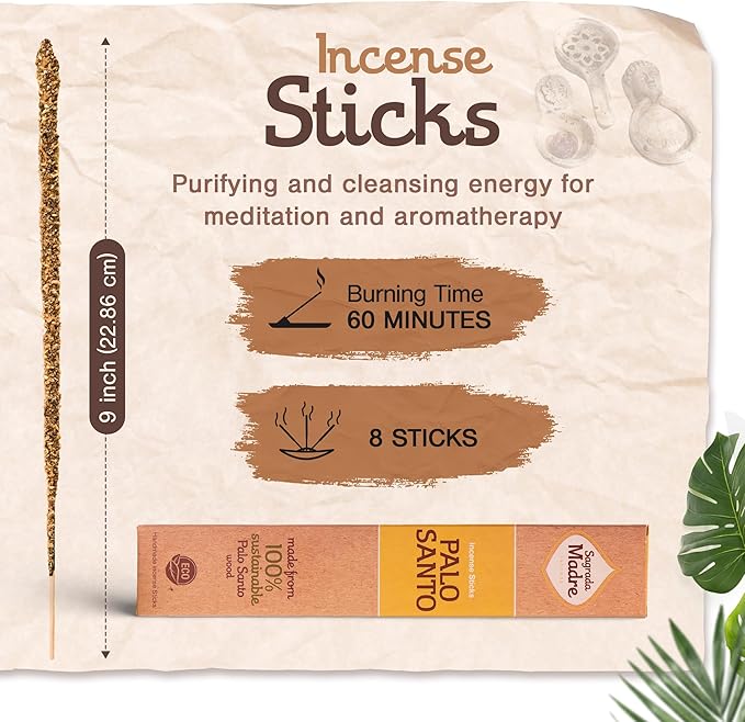 Sagrada Madre 8pcs Wildly Harvested Thick Palo Santo Incense Sticks (Plant Based), 9” Long - Eco Friendly, Non-Toxic, Aromatic Incense Sticks (1hr Burning Time) to Heal & Calm Your Body & Environment SagradaMadre
