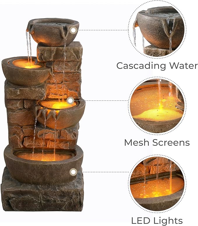 Teamson Home 33.27" Outdoor Freestanding Water Fountain with LED Lights, Cascading Bowls & Stacked Stones, Floor Fountain for Patio, Garden, Balcony, Lawn, Yard Decor, Brown Polyresin - Bloomnest