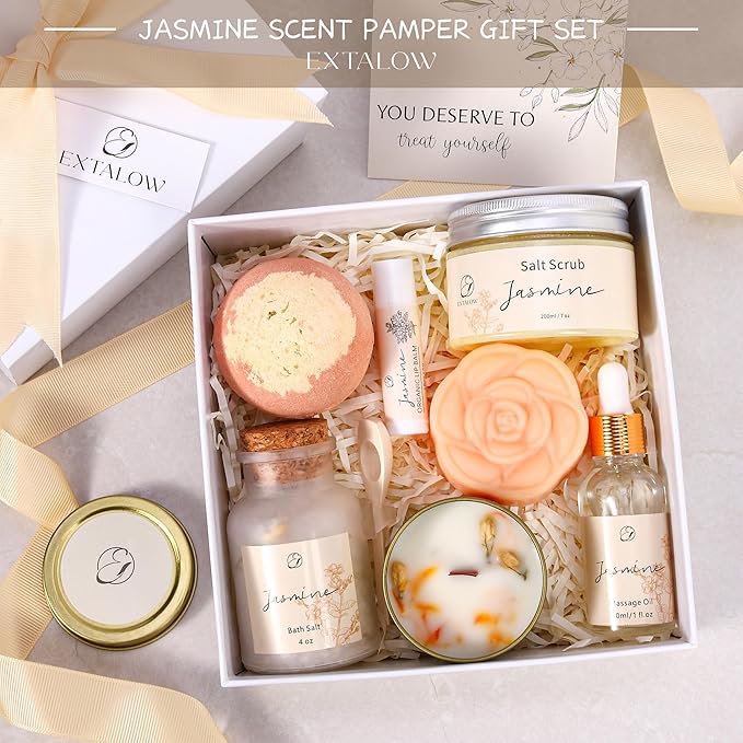 Spa Gifts for Women Valentines Day Gifts Jasmine Bath Gift Baskets Relaxing Self Care Gift for Mom Girlfriend Sister Wife Auntie Home Bath Care Package Thank You Birthday Gift Friendship