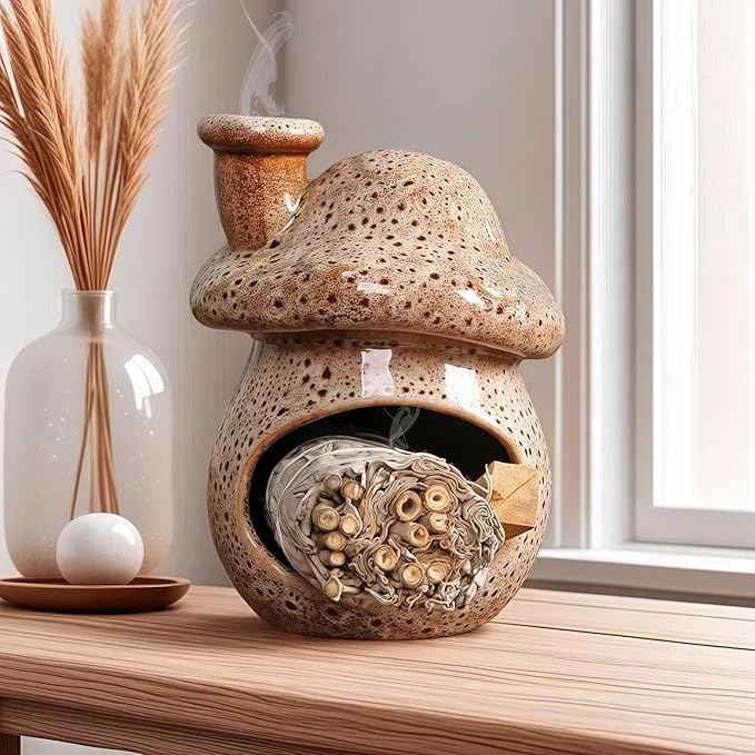 Mushroom Incense Holder, Ceramic Palo Santo Holder Burner & Sage Holder - Mini Tabletop Chiminea Burner Tray with Ash Catcher, Cute Mushroom Decorations for Spiritual Meditation & Yoga - Bloomnest