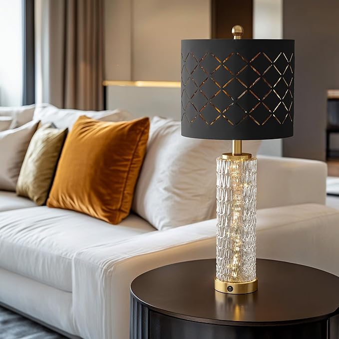 Oneach 27.75" Modern Table Lamps Set of 2, Gold Bedside Lamp with Crystal Nightlight, USB A+C, Black Grid Shade, Unique Desk Lamps for Living Room, Bedroom, Nightstand, End Table (2 Bulbs Included) - Bloomnest