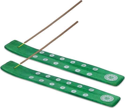 Bless-International Traditional-Handmade-Burner Wooden-Incense-Stick-Holder Ash-Catcher-Stand for-Aromatherapy-Meditation-Yoga (Earth Green) 10 Inches, Pack of 2 - Bloomnest