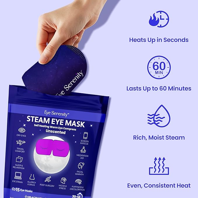 Steam Eye Mask by Eye Serenity Self-Heating Warm Compress, 30-Pack, Unscented, Dry Eye Relief, Perfect for Self-Care, Ideal for Office, Travel & Nightly Relaxation, Calm Sleep