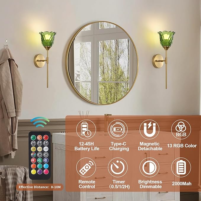 2 Pack Battery Operated Wall Sconce with Green Glass Lampshade, Mid Century Bathroom Vanity, Wireless Rechargeable RGB Wall Light with Remote Control, for Bedroom Mirror Living Room - Bloomnest