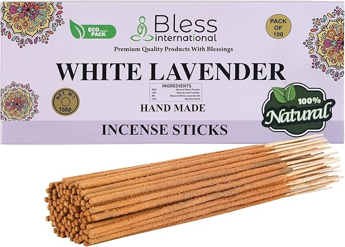 Bless-White-Lavender 100%-Natural-Handmade-Hand-Dipped-Incense Organic-Chemicals-Charcoal-Free Purification-Relaxation-Positivity-Yoga-Meditation Best-Woods-Scent (100 Sticks(5.25 OZ)) BlessInternational