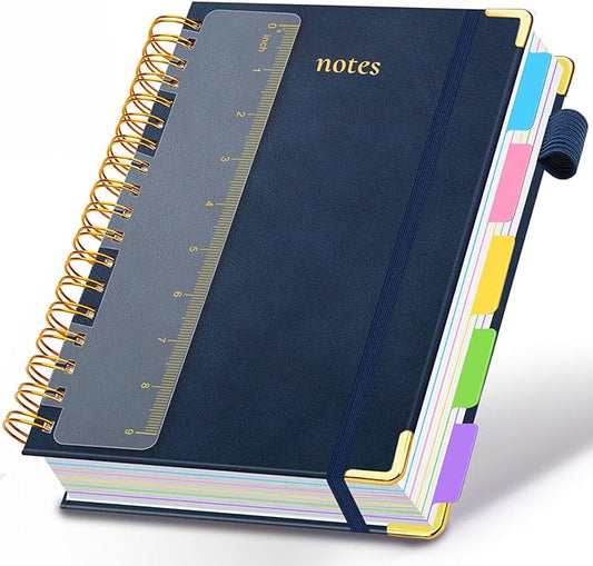 Hardcover Spiral Notebook 8"x10" Journal Notebook with Tabs and Removable Dividers 300 Pages 5 Subject Notebook College Ruled, Faux Leather Spiral Bound Notebook for Women School Work (Dark Blue) - Bloomnest