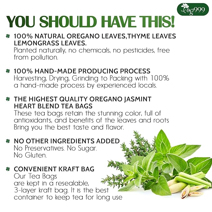 TOG999, Premium Oregano Herbal Tea with Jasmine-Like Notes – 60 Tea Bags | Blend of Oregano, Thyme & Lemongrass | Caffeine-Free, Natural Flavor, Premium Quality Herbal Infusion - Bloomnest