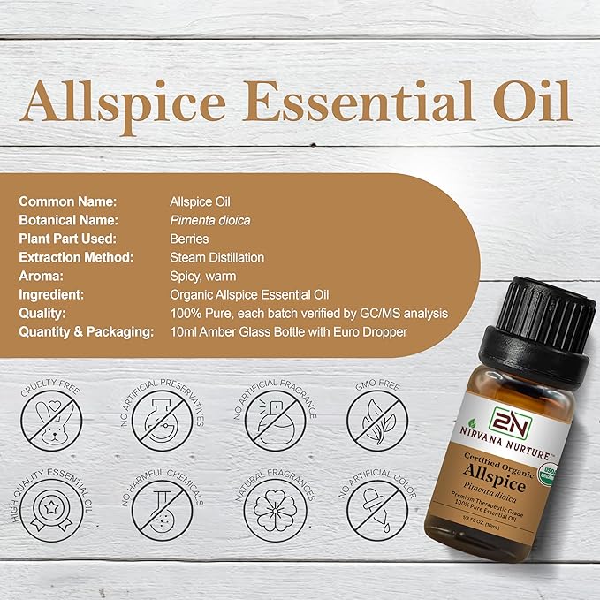 Allspice Essential Oil, USDA Certified Organic, 100% Pure Undiluted, Aromatherapy Oil for Diffuser, Hair & Skin Care NirvanaNurture