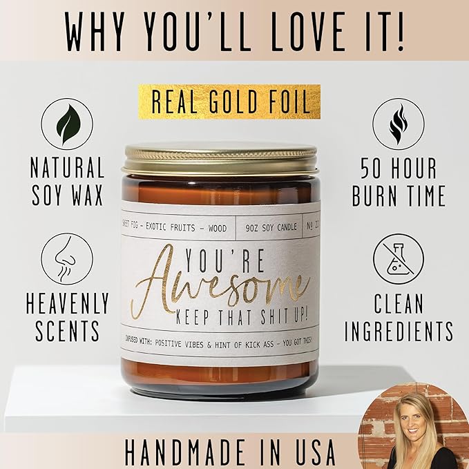 Inspirational Gifts for Women, Thank you Gifts for Women -'You're Awesome' Candle Fig & Amber I Anniversary, Friendship, Graduation, Birthday Gift for Best Friend, Mom, Coworker, Girlfriend I USA Made - Bloomnest