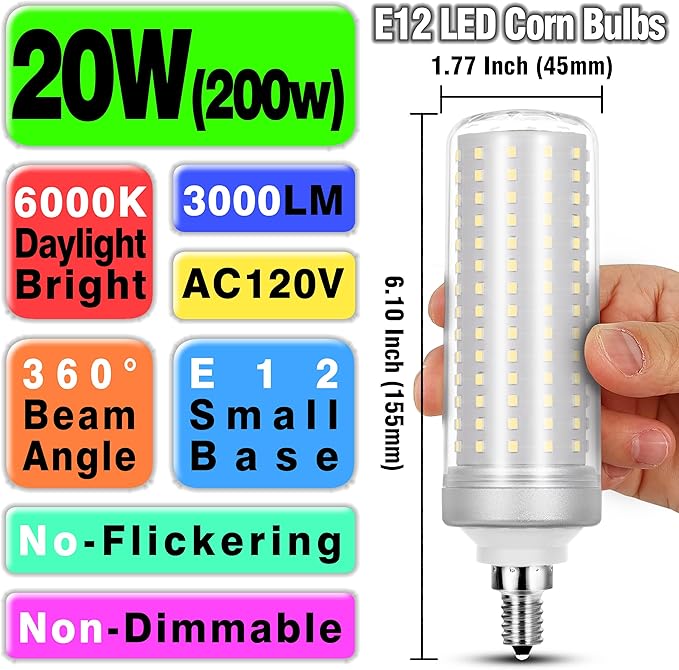 Big 1.77x 6.1 inch, E12 200w Equivalent LED Candelabra Bulbs C7,6000K Daylight Bright White,3000 lm T6 E12 20W LED Chandelier Light Bulbs for Ceiling Pendant Lighting Floor Lamp,Non-dimmable,3 Pack - Bloomnest