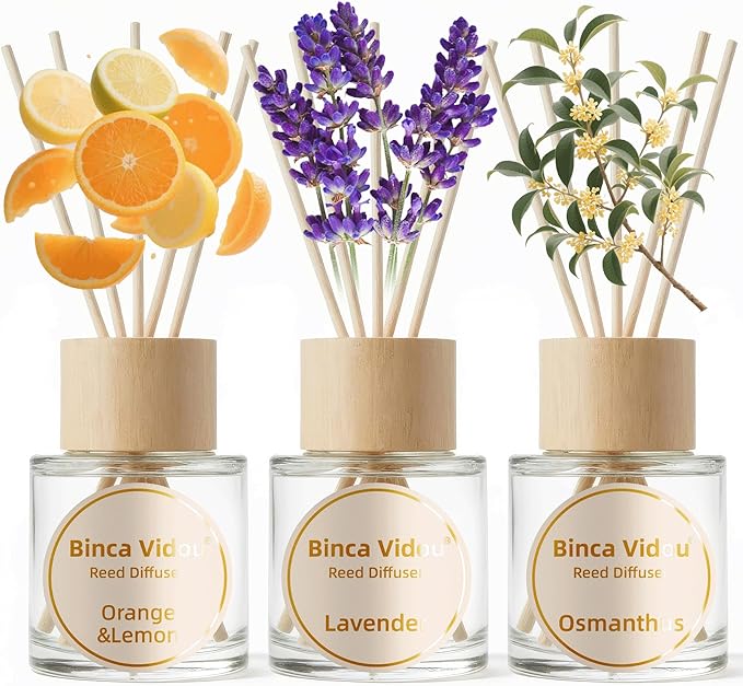 Binca Vidou Reed Diffuser Set, Lavender Osmanthus Orange&Lemon Scent Oil Diffusers with Sticks for Home Office Bathroom Aromatherapy Decor 1.69oz X 3 - Bloomnest