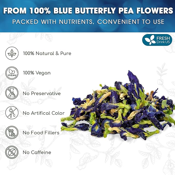 FreshDrinkUS, Premium 8oz Blue Butterfly Pea Flowers Dried – Premium Whole Flower Herbal Tea – Vibrant Blue Natural Color – Caffeine-Free Loose Flower Tea. Vegan - Bloomnest