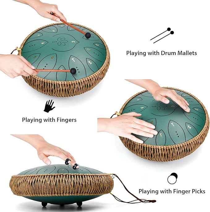 Steel Tongue Drum 13 Inches 15 Notes, Hand Pan Drums for Adults 440hz, C Major Handpan Musical Instrument with Song Book, Mallets and Carry Bag, Green - Bloomnest
