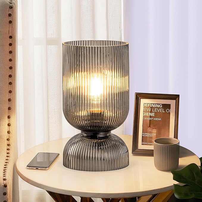 Modern Table Lamp,Glass Mid Century Lamp with Smoky Gray Glass Shade, Bedside Lamp with On/Off Switch, Minimalist Nightstand Lamp for Bedroom, Living Room, Office (Bulb not Included) - Bloomnest